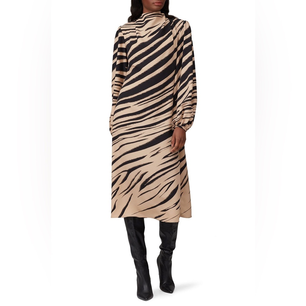 Beaufille Sz 4 Black Taupe Tiger Stripe Printed Fluid Bardot Shift Midi Dress